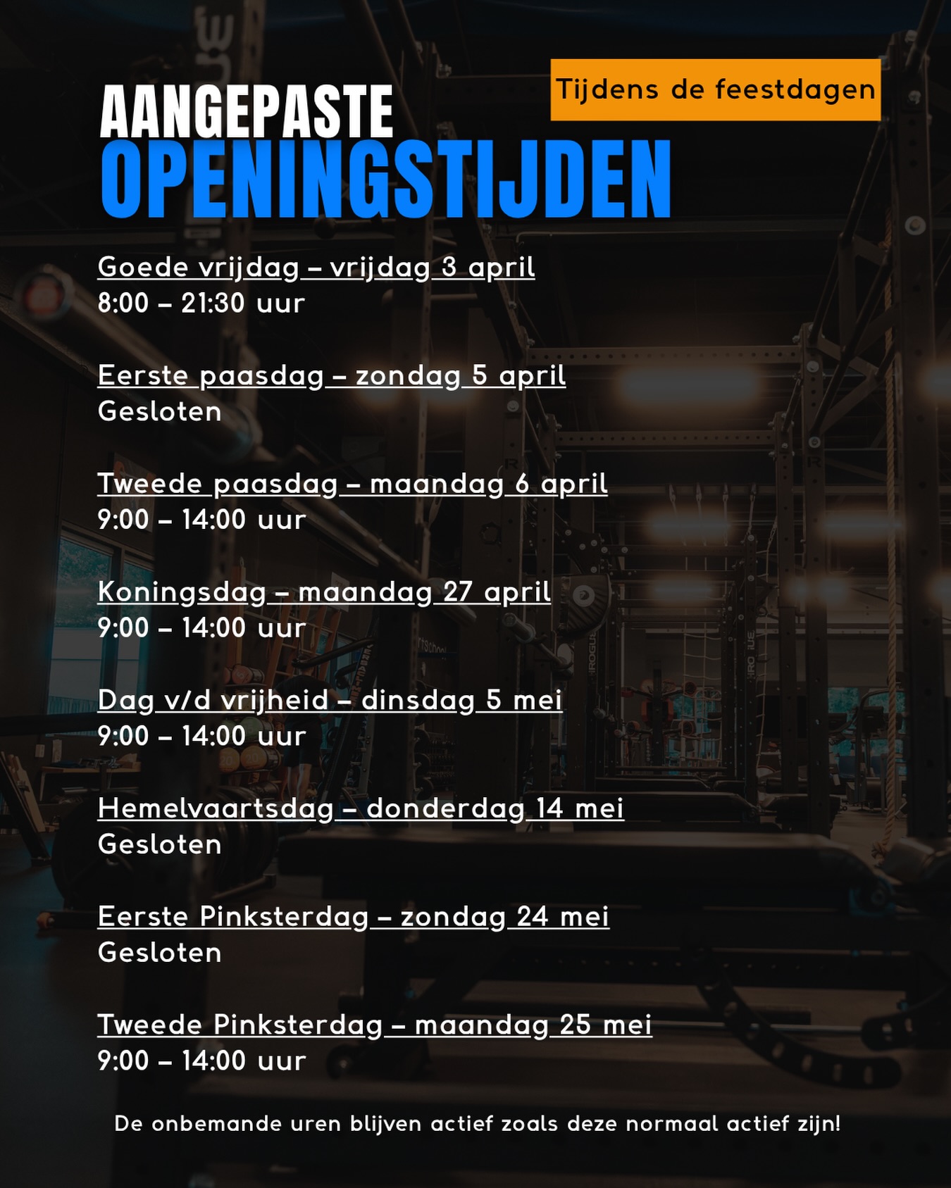 Aangepaste openingstijden rondom de feestdagen!

Op de gesloten dagen heb je uiteraard wel toegang met een “Deur Toegang / onbemande uren abonnement”

#emmen #altijdbegeleiding #desportschool