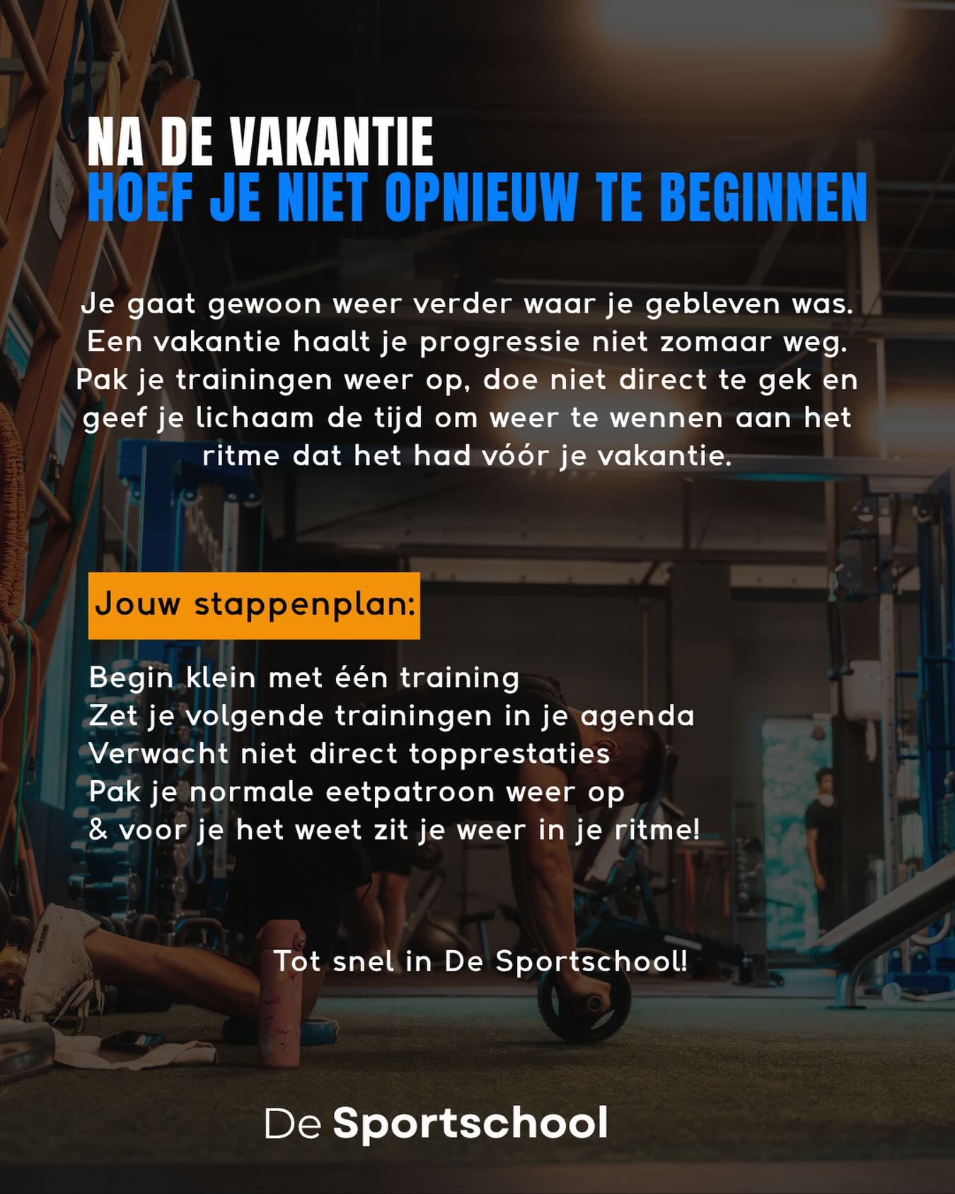 De drempel van De Sportschool lijkt om wat voor reden dan ook altijd nét wat hoger na de vakantie. 
Wij hebben voor jou een aantal realistische stappen om jou te helpen weer terug te komen in jouw ritme. 

We zien je snel weer!

#Sportschool #draadweeroppakken #Emmen
