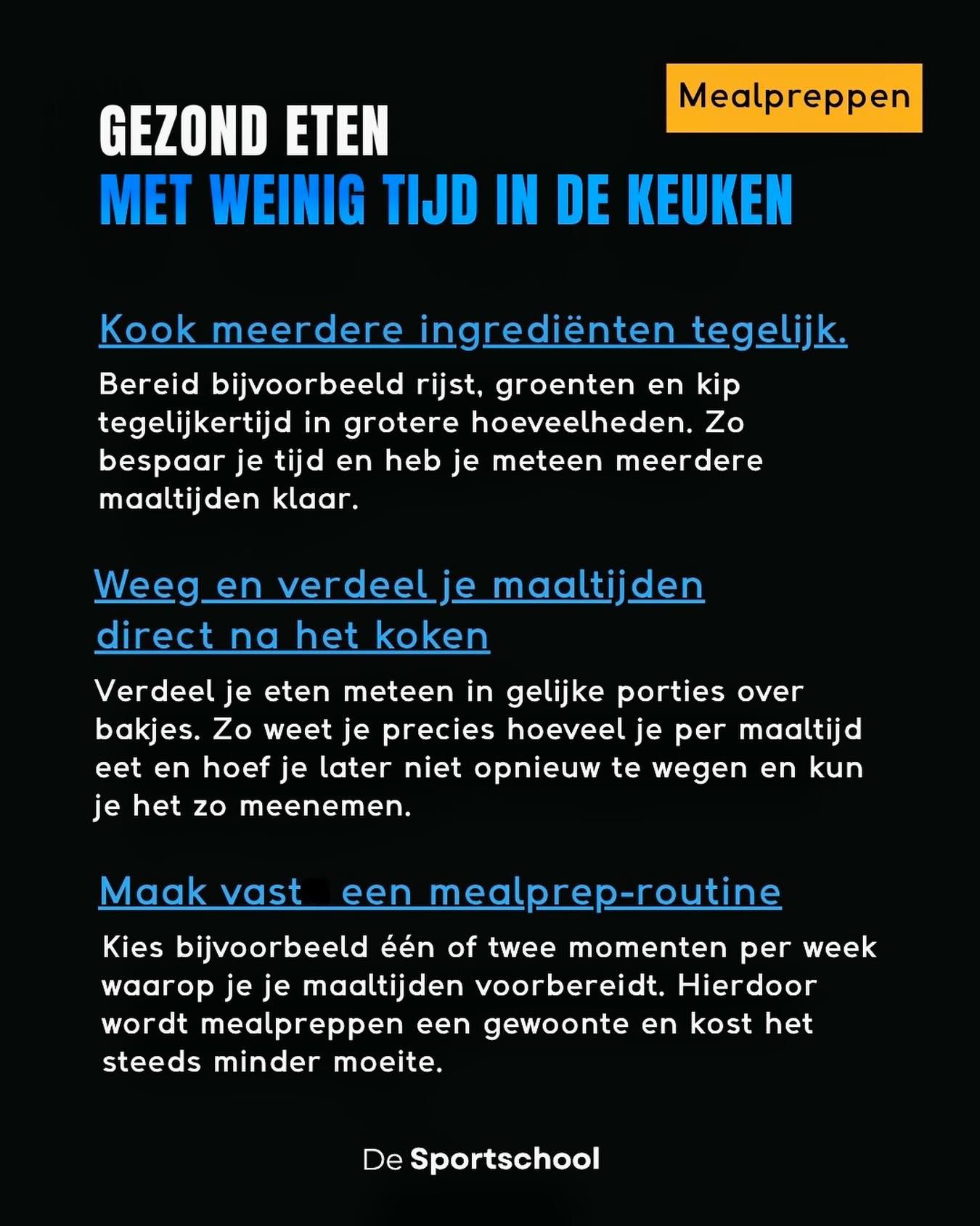 Meal Prep tips
Geen tijd om elke avond uitgebreid in de keuken te staan, maar wil je wél graag gezond eten? 
Wij hebben 3 tips voor jou om gezond te kunnen mealpreppen. 
Hoe pak jij dit aan? Deel je tips!

#Sportschool #mealprepping #voeding #Emmen